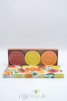 Luxe geschenkkoffer met 3 ronde zepen - papaver, citroen, fleur d-oranger EP